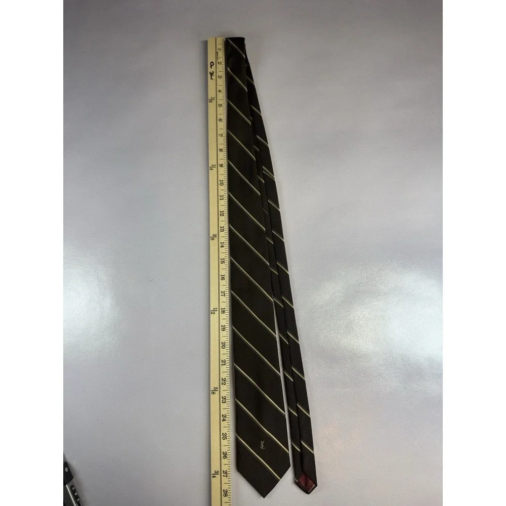 Yves Saint Laurent Monsieur Silk Tie Brown Tan Striped YSL Vintage Old Money - Picture 5 of 5